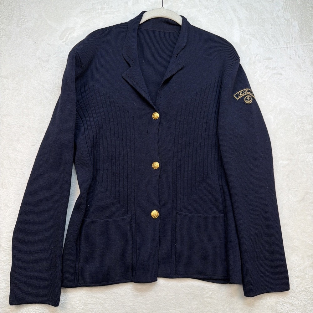 Les Copains Navy Knit Blazer Womens Medium Gold Button Nautical Sweater Jacket